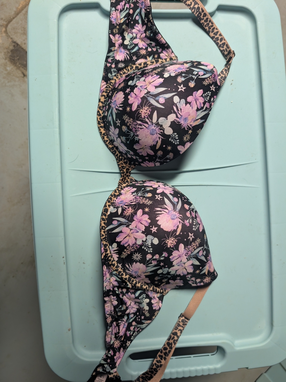 Victoria's Secret Black Bra with Pink Floral and Leopard Trim Accents